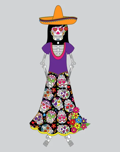 Día de los Muertos o Esqueleto de Halloween Mujer en Formato Vector — Archivo Imágenes Vectoriales