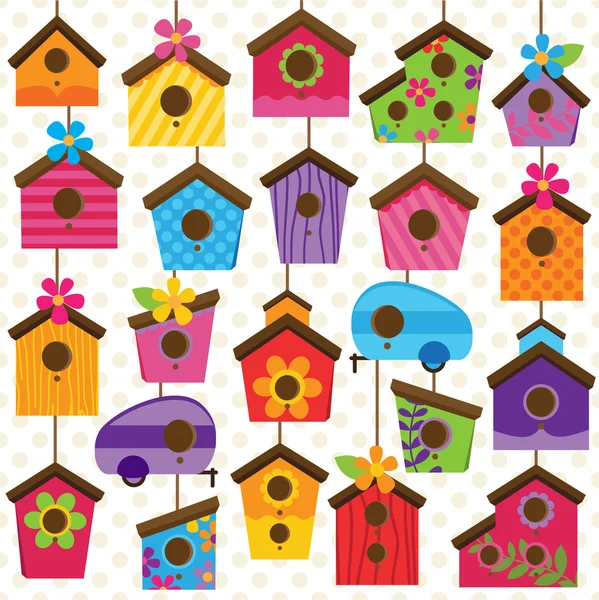 Conjunto vectorial de lindas y coloridas casas de pájaros — Vector de stock