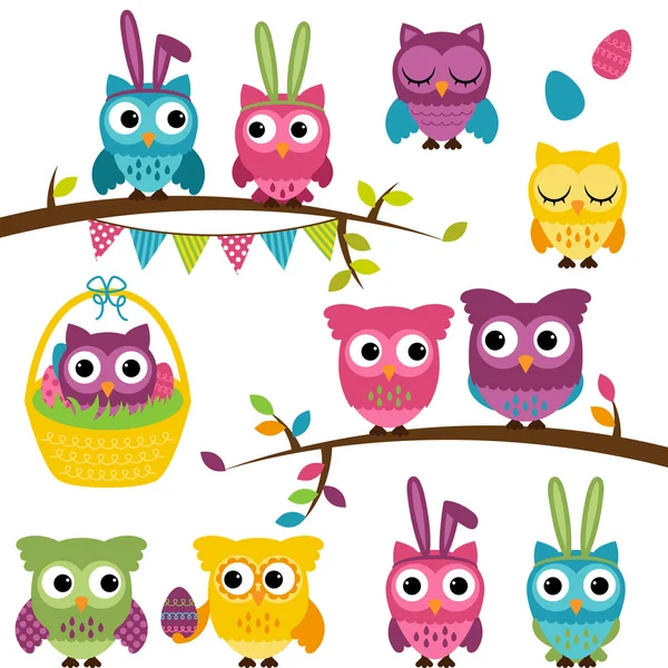 Vector Collection of Easter and Spring Themed Owls — Stock Vector