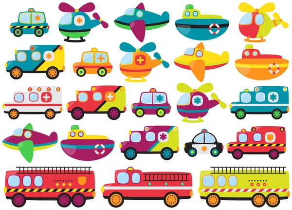 Vector Collection of Cute or Retro Style Emergency Rescue Vehicles - Stok Vektor