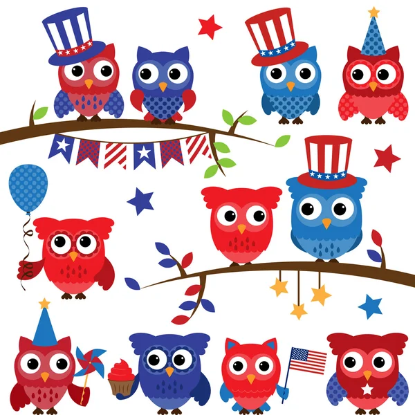 Set of Vector Fourth of July or Patriotic Owls and Branches — Stock Vector