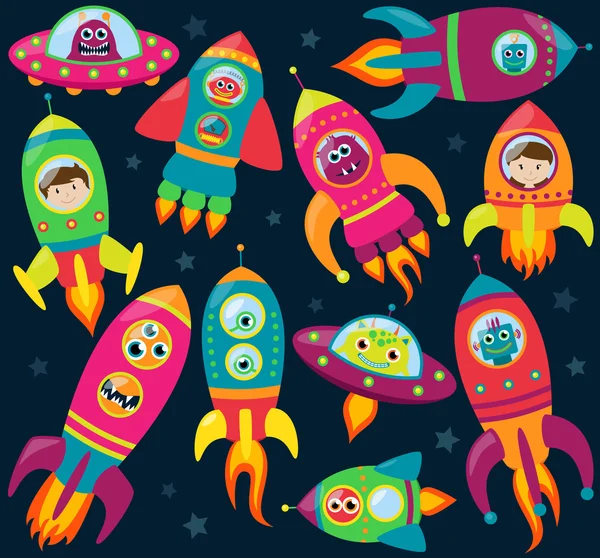 Colección vectorial de cohetes y naves espaciales de estilo retro con extraterrestres, robots y astronautas — Vector de stock