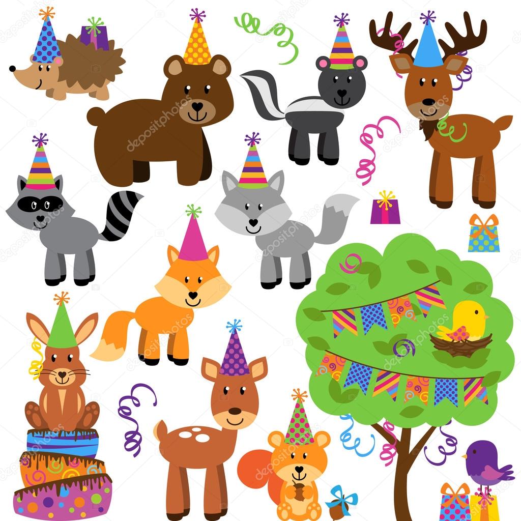 Vector Collection of Birthday Party Themed Forest or Woodland Animals