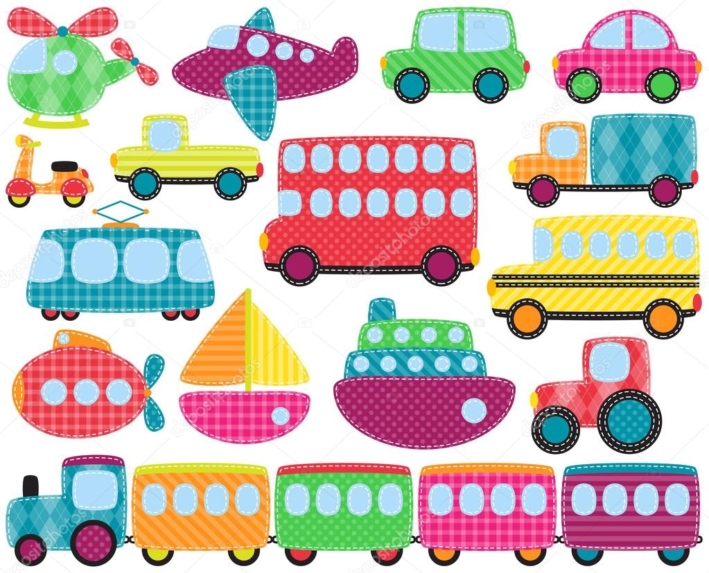 Vector Collection of Cute Patchwork Style Transportation Images