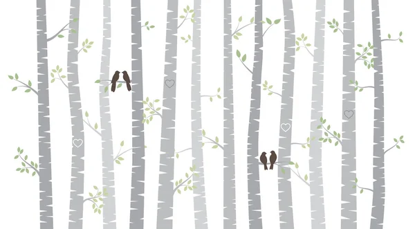 Vidoeiro vetor ou Árvores de Aspen com folhas de outono e pássaros do amor — Vetor de Stock