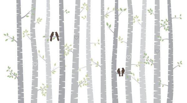 Vector Birch or Aspen Trees with Autumn Leaves and Love Birds