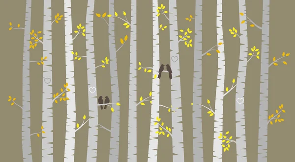 Vektorové Bříza nebo osika stromy s podzimním listím a milují ptáci — Stockový vektor