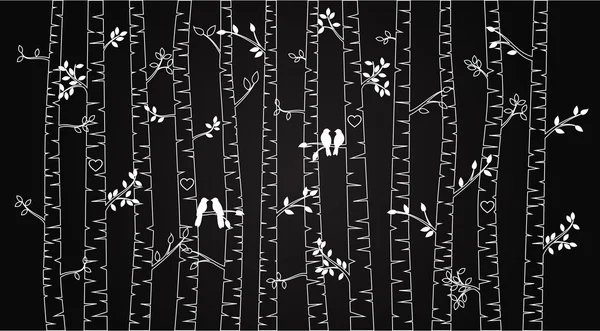 Векторная доска Береза или Аспен с осенними листьями и птицами любви — стоковый вектор