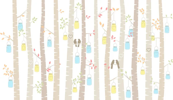 Vector Birch or Aspen Trees with Hanging Mason Jars and Love Birds — Stock Illustration Vector Birch or Aspen Trees with Hanging Mason Jars and Love Birds Stock Illustration