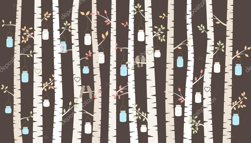 Vector Birch or Aspen Trees with Hanging Mason Jars and Love Birds