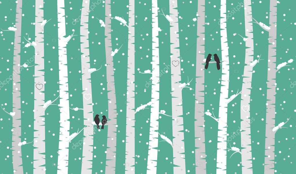 Vector Birch or Aspen Trees with Snow and Love Birds