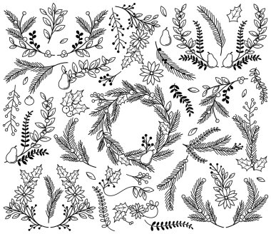 Vector Collection of Vintage Style Hand Drawn Christmas Holiday Florals clipart