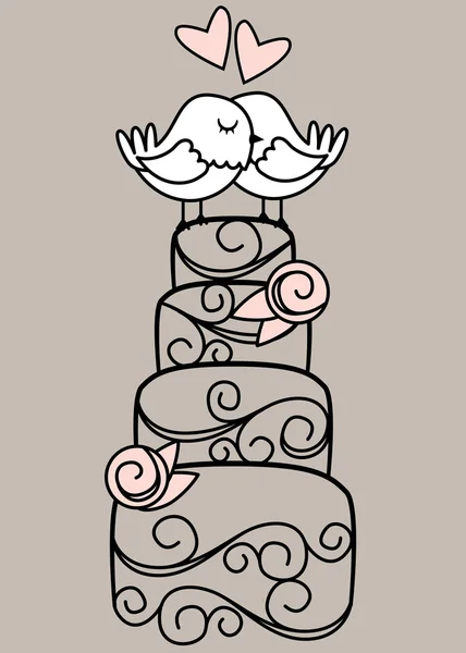 Torta de boda contemporánea dibujada a mano y aves de amor — Vector de stock
