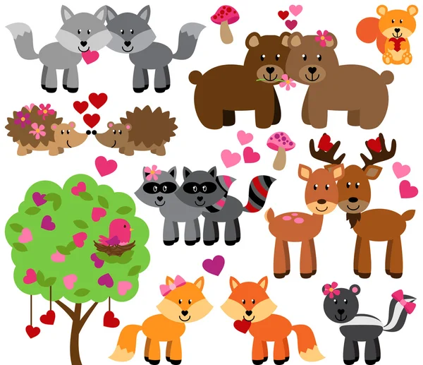 Vector Set of Valentine's Day or Love Themed Forest Animals — Stock Vector