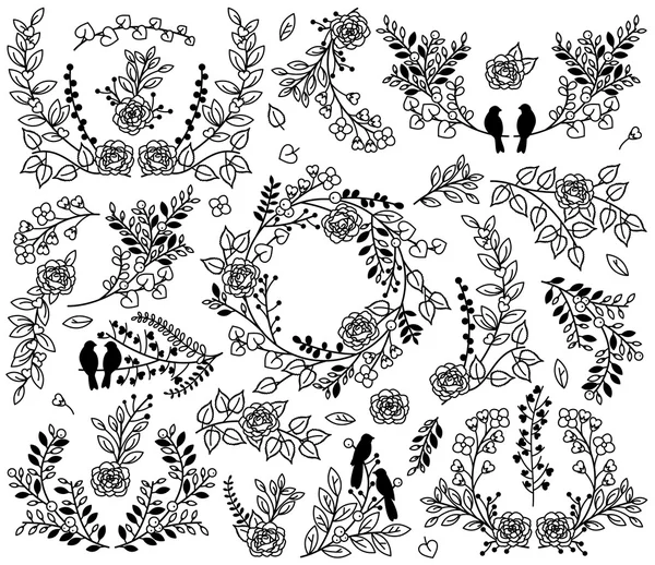 Sevgililer günü veya düğün temalı Laurel ve çiçek vektör toplama — Stok Vektör