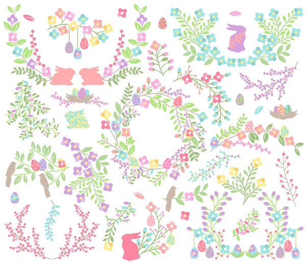 Vector Colección de flores, flores y laureles temáticos de Pascua y Primavera — Vector de stock