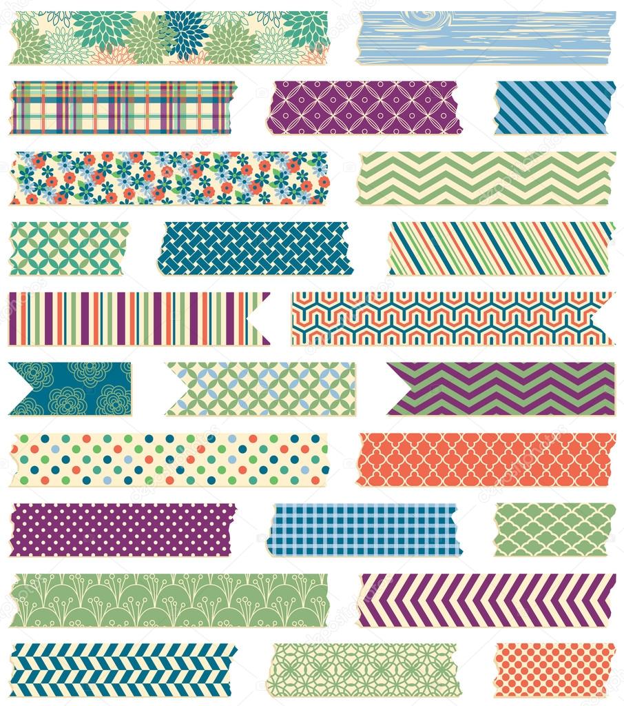 Vector Collection of Cute Patterned Washi Tape Strips in Masculine Colors