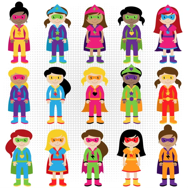 Collection of Diverse Group of Superhero Girls, matching boy superheroes in portfolio — Stock Vector