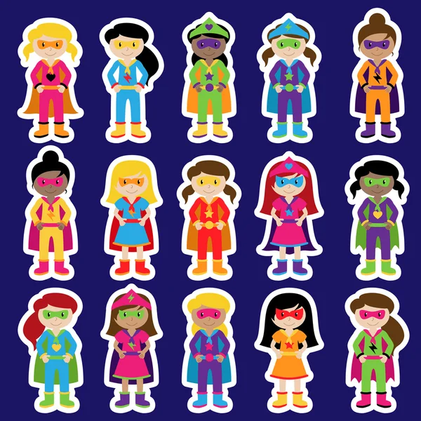 Collectie van Diverse groep van superheld meisjes, overeenkomende jongen superhelden in portefeuille — Stockvector
