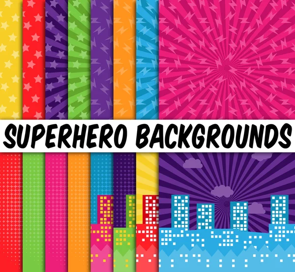 Collection of 16 Vector Superhero Themed Backgrounds — Stock Vector