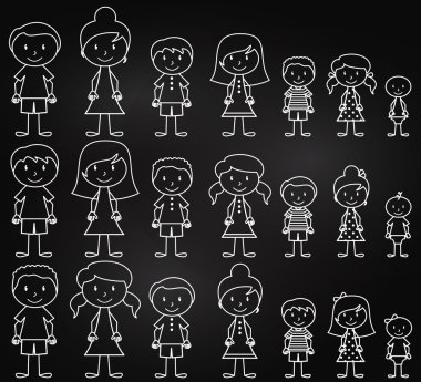 Set of Cute and Diverse Chalkboard Stick People in Vector Format vector