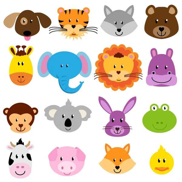 Vector Zoo Animal Faces Set — Stock Vector