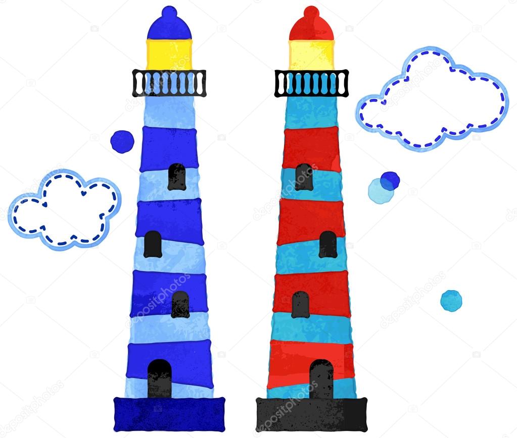 Vector Watercolor Style Nautical Lighthouses and Clouds