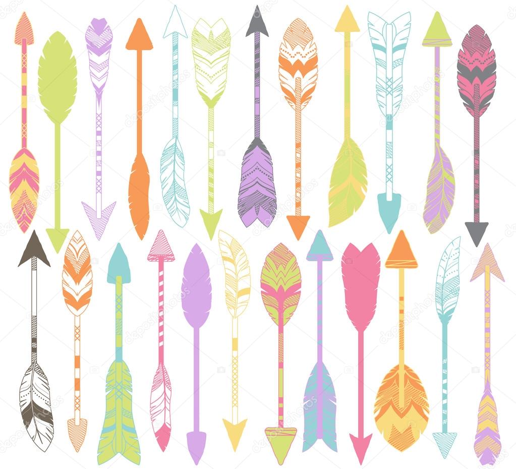 Vector Set of Stylized or Abstract Feather Arrows and Feather Arrow Silhouettes