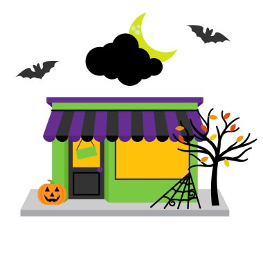 Vektör Halloween Dükkanı Pumpkins, ay ve ürkütücü aksesuarları ile