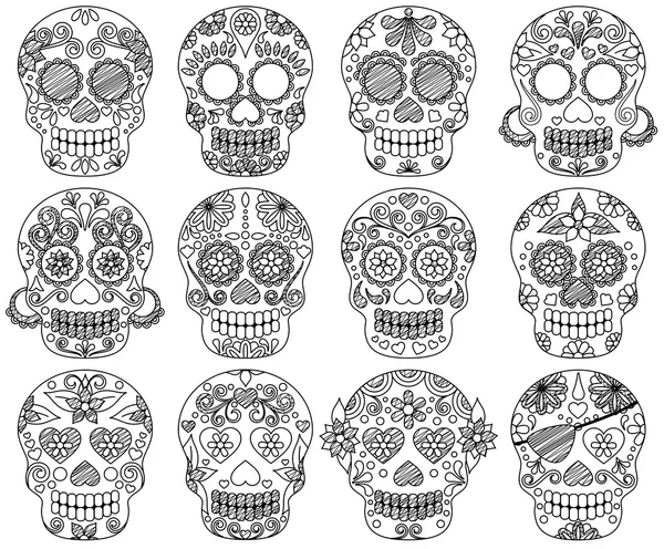 死者の頭蓋骨や砂糖の頭蓋骨のいたずら書き日のベクトル コレクション — ストックベクタ
