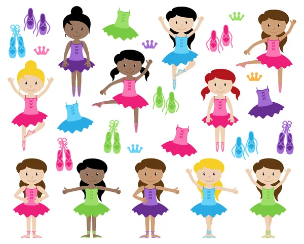 Ballet Themed Vector Collection with Diverse Girls — Stock Vector