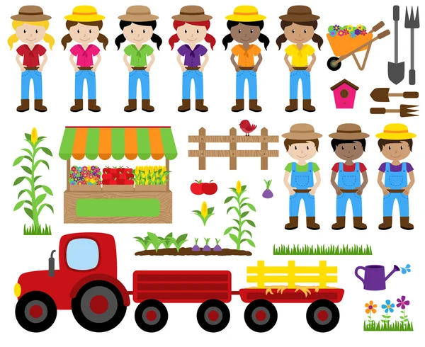 Cute Vector Collection of Farm Itens Relacionados e Agricultores — Vetor de Stock