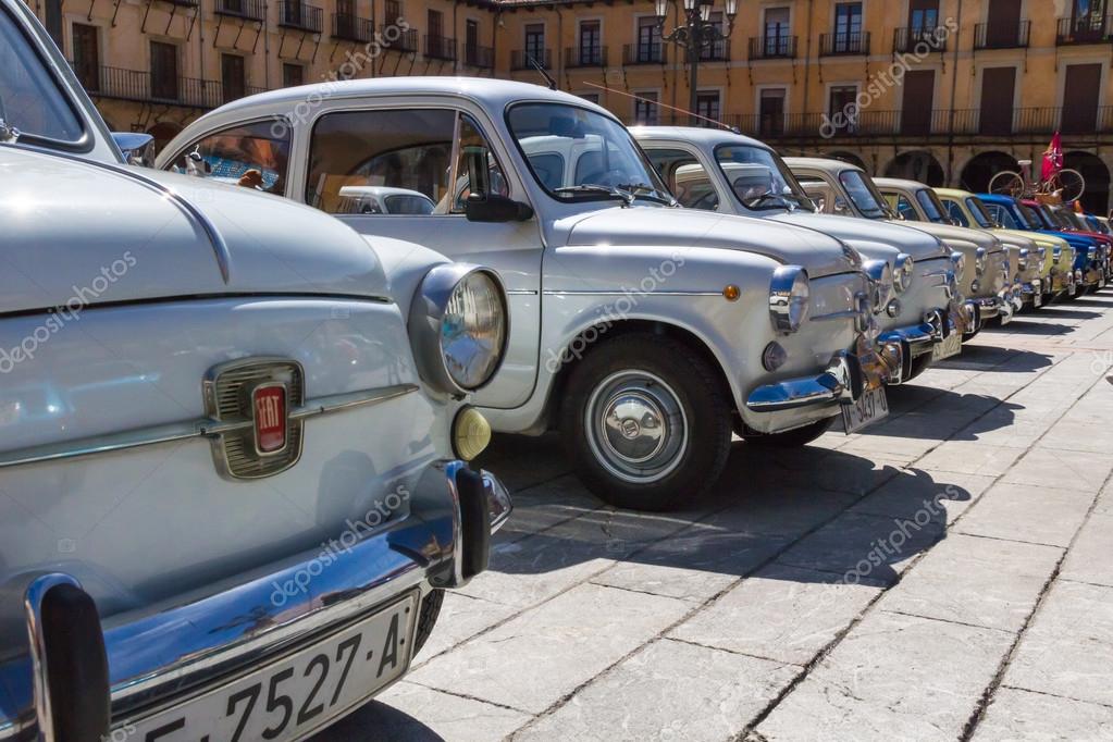 LEON, SPAIN - APRIL 27, 2014:  XIV International Concentration of SEAT 600 in in the Plaza Mayor of Leon. Vehicle manufactured in Spain between 1957 and 1973.