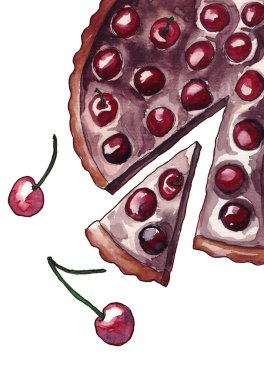 Çikolata sarısı kirazlı turtanın suluboya çizimi
