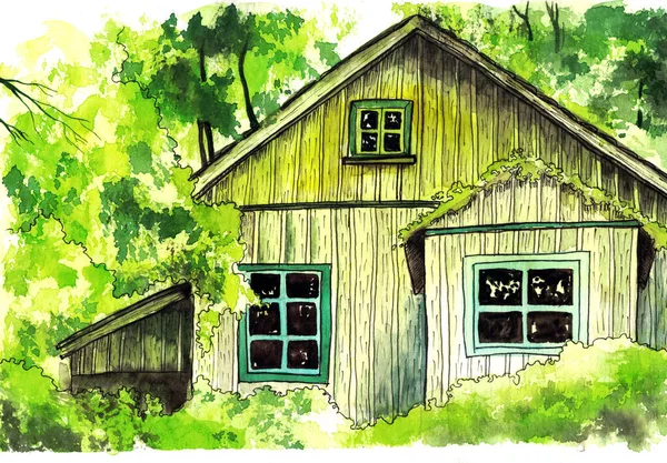 Watercolor Illustration Hause Forest — Stock Photo, Image