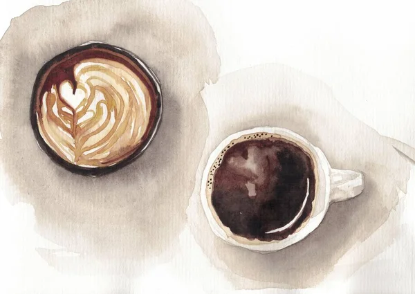 Acquerello Illustrazione Due Tazze Caffè Sullo Sfondo Scuro — Foto Stock