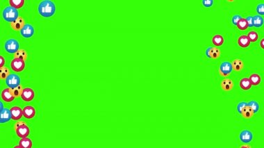 Sosyal medya ikonu animasyonu. Başparmak yukarı (gibi), kalp ve emoji sosyal medya yeşil arka planda izole edilmiş canlı video. Ağ pazarlaması. Başvuru reklamı. 4K
