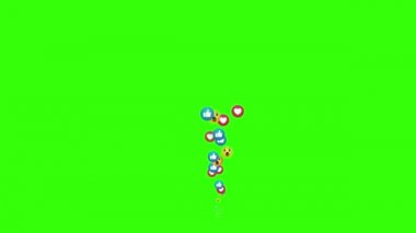 Sosyal medya ikonu animasyonu. Başparmak yukarı (gibi), kalpler ve emoji - sosyal medya canlı video yeşil arka planda izole. Ağ pazarlaması. Başvuru reklamı. 4K