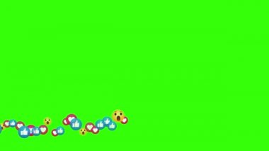 Sosyal medya ikonu animasyonu. Başparmak yukarı (gibi), kalpler ve emoji - sosyal medya canlı video yeşil arka planda izole. Ağ pazarlaması. Başvuru reklamı. 4K
