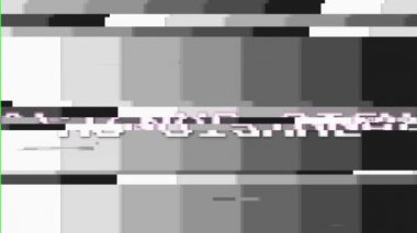 Televizyon (monitör) ekran hatası. SMPTE teknik sorunları engelliyor. Veri çubukları arızası. Kasıtlı arıza bozulması. Siyah beyaz çubuklarla ve uyarı metniyle bir televizyon yayınından test kalıbı. Sinyal yok. Retro biçimi.