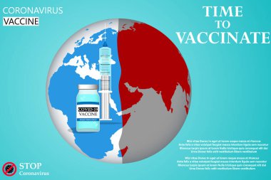 Coronavirus aşısı konsepti. Dünya haritasında aşı ve şırınga var. Covid-19 koronavirüs aşısı. Coronavirus covid-19 tedavisi. Vektör çizimi. EPS10