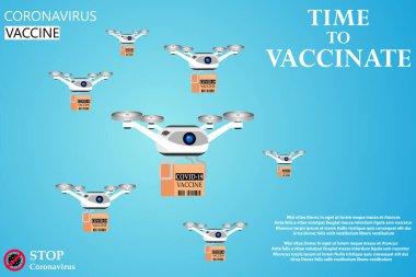 Coronavirus aşısı konsepti. İnsansız hava araçları aşıyı tüm gezegene yayıyor. Hızlı nakliye. Covid-19 koronavirüs aşısı. Coronavirus covid-19 tedavisi. Vektör çizimi. EPS10