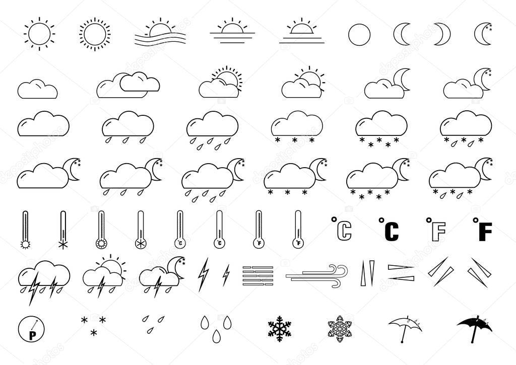A set of edited weather icons on a white background. Includes symbols such as thunderstorm, storm, cloudy and more. can be used for web, mobile, user interface and infographics.