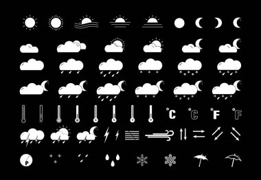 Siyah arkaplanda düzenlenmiş hava durumu simgeleri. Güneş, bulutlu, fırtına, sıcaklık ve daha fazlası gibi semboller içerir. İnternet, mobil, kullanıcı arayüzü ve bilgi grafikleri için kullanılabilir.