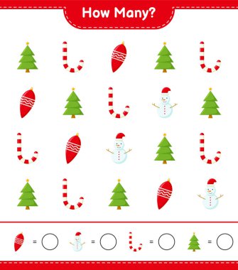 Oyun sayılıyor, kaç noel dekorasyonu eğitici çocuk oyunu, yazdırılabilir çalışma tablosu, vektör illüstrasyonu