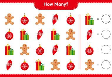 Oyun sayılıyor, kaç noel dekorasyonu eğitici çocuk oyunu, yazdırılabilir çalışma tablosu, vektör illüstrasyonu