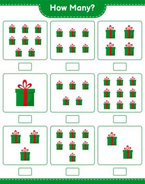 Sayma oyunu, kaç tane hediye kutusu var. Eğitimsel çocuk oyunu, yazdırılabilir çalışma tablosu, vektör illüstrasyonu