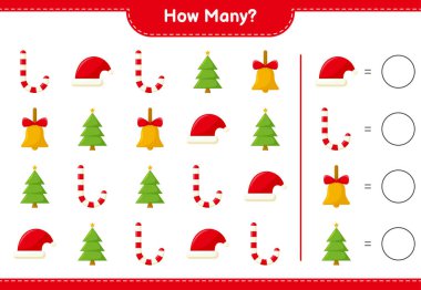 Oyun sayılıyor, kaç noel dekorasyonu eğitici çocuk oyunu, yazdırılabilir çalışma tablosu, vektör illüstrasyonu