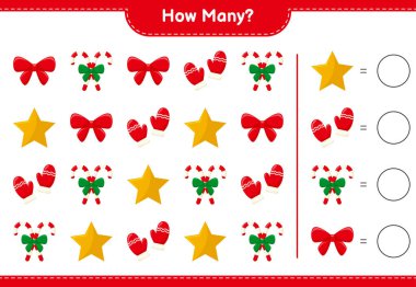 Oyun sayılıyor, kaç noel dekorasyonu eğitici çocuk oyunu, yazdırılabilir çalışma tablosu, vektör illüstrasyonu