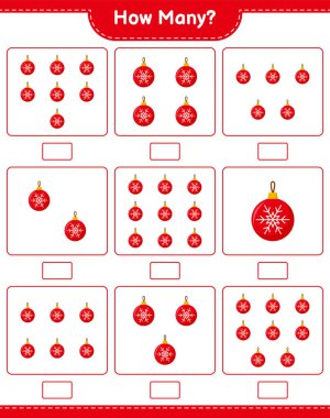 Maç sayıyorum, kaç tane Noel Balosu var? Eğitimsel çocuk oyunu, yazdırılabilir çalışma tablosu, vektör illüstrasyonu